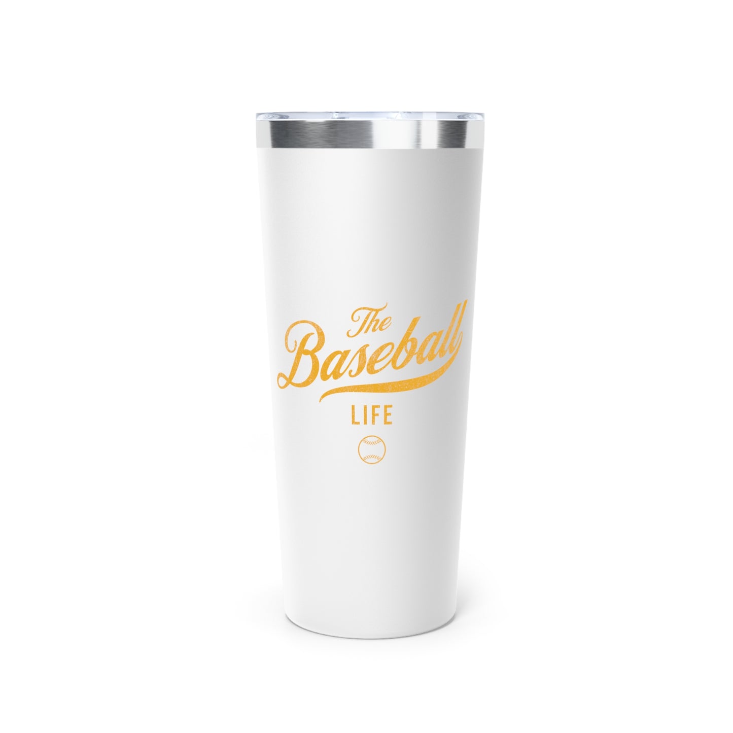 The Baseball Life 22oz Insulated Travel Tumbler_White w Yellow Gold Print