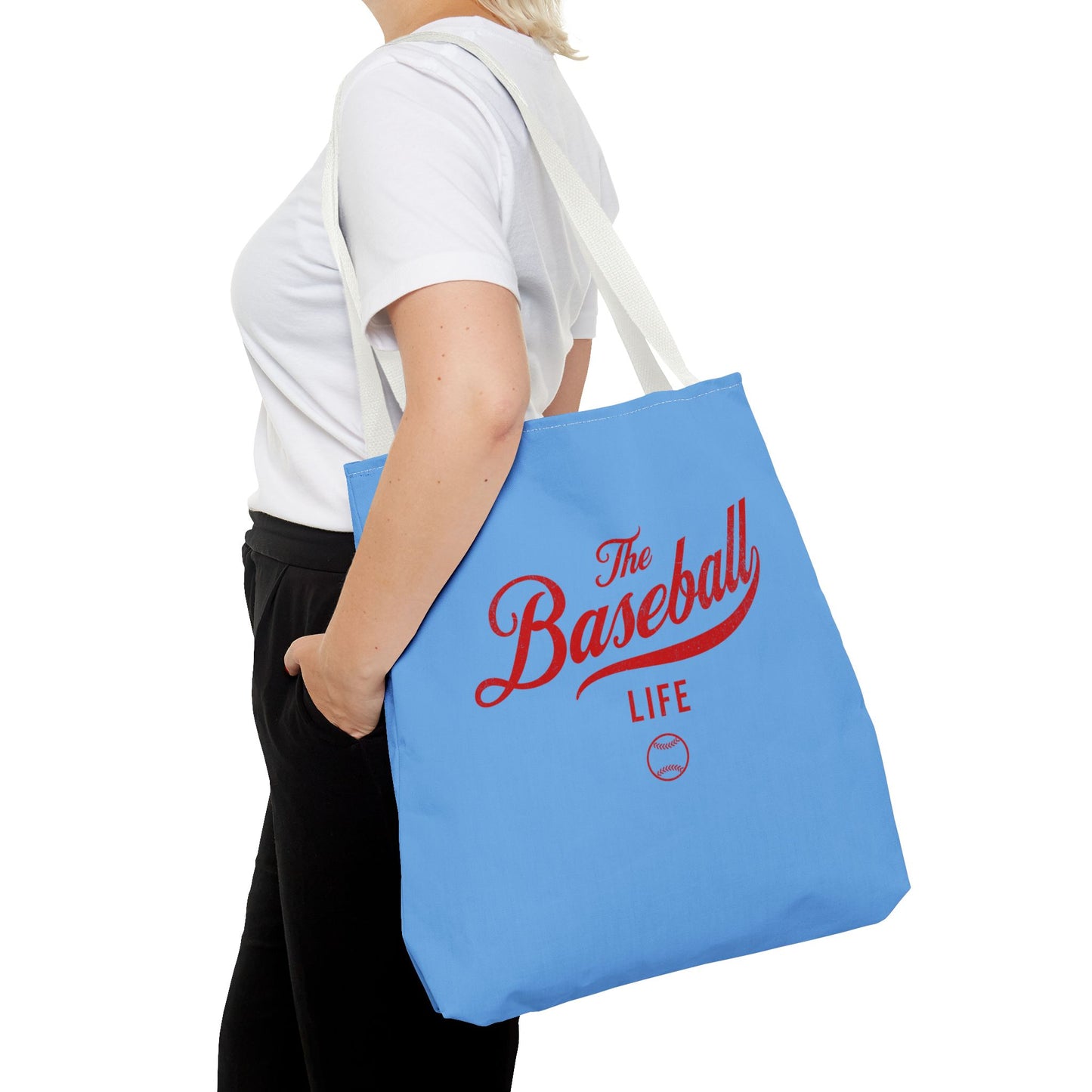 The Baseball Life Tote Bag_Carolina Blue w Red Print