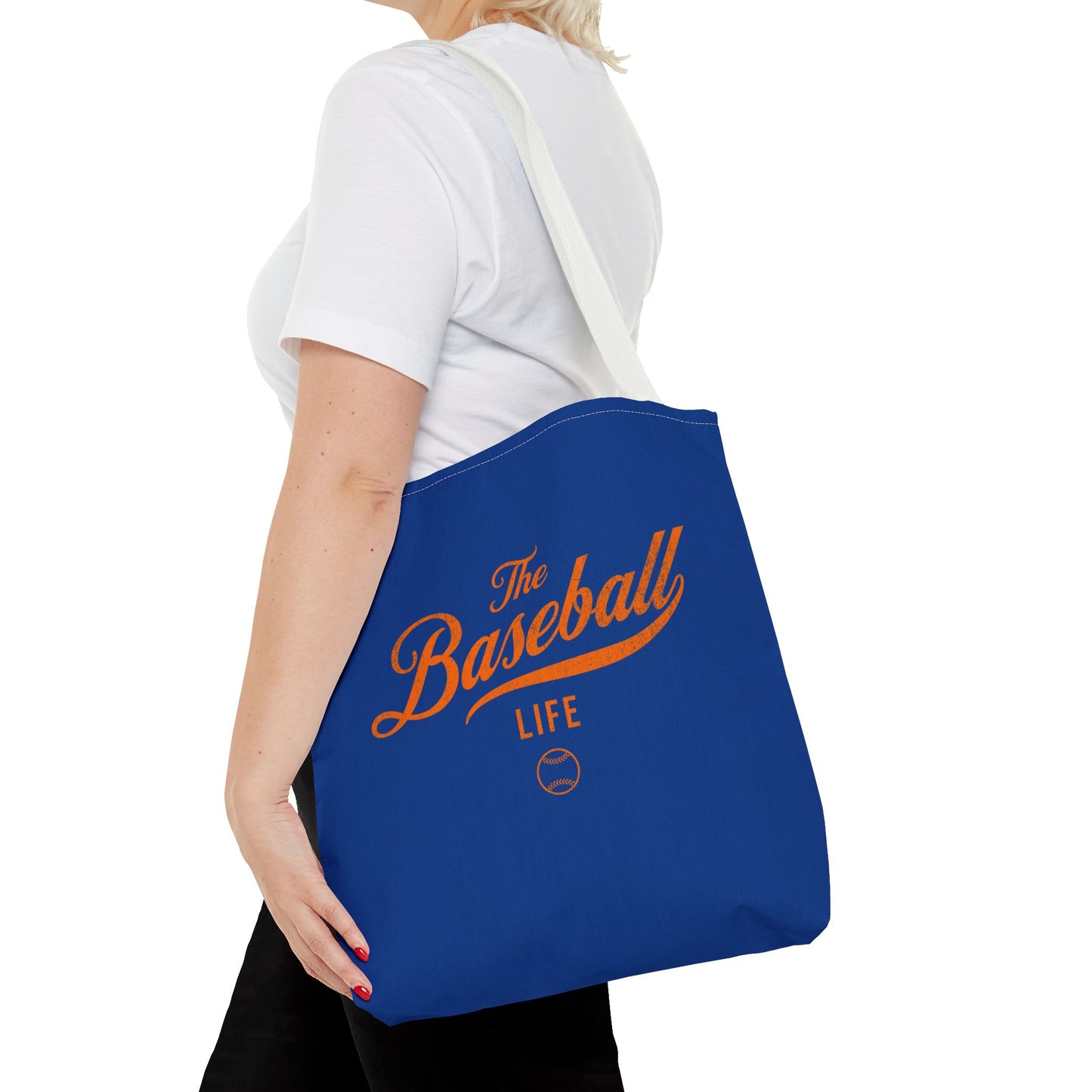 The Baseball Life Tote Bag_Royal w Orange Print