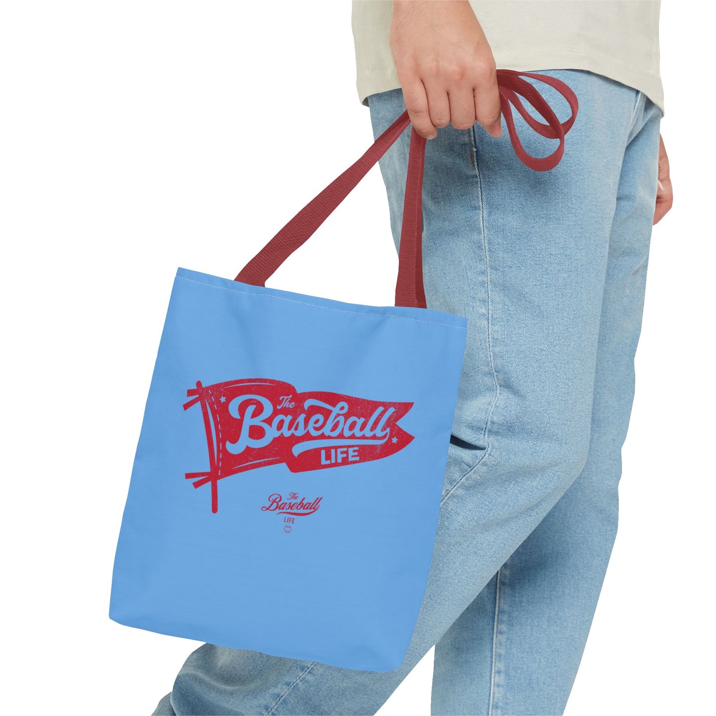 Vintage Pennant Tote Bag_Red Print on Carolina Blue