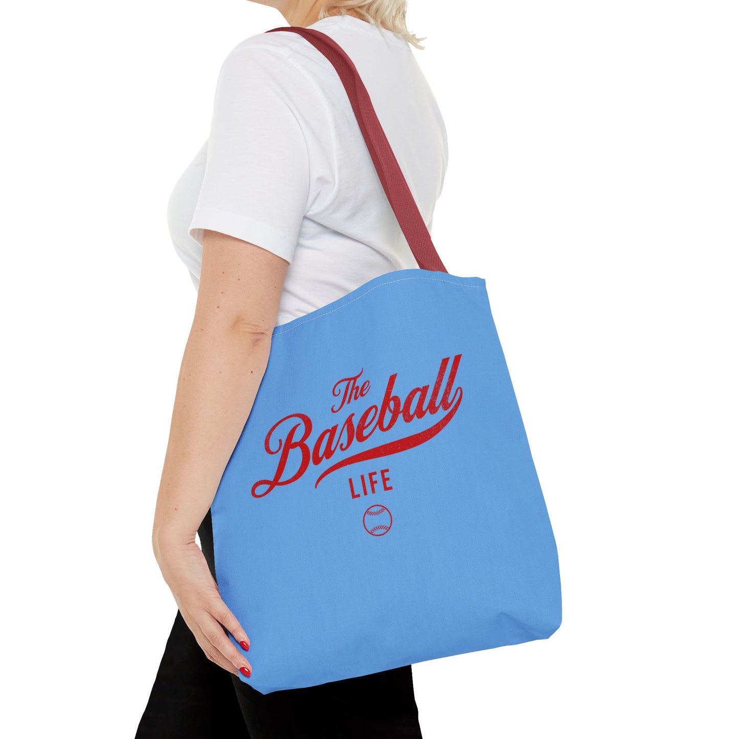 The Baseball Life Tote Bag_Carolina Blue w Red Print