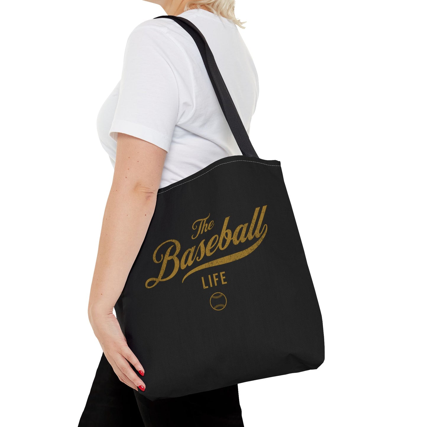 The Baseball Life Tote Bag_Black w Old Gold Print