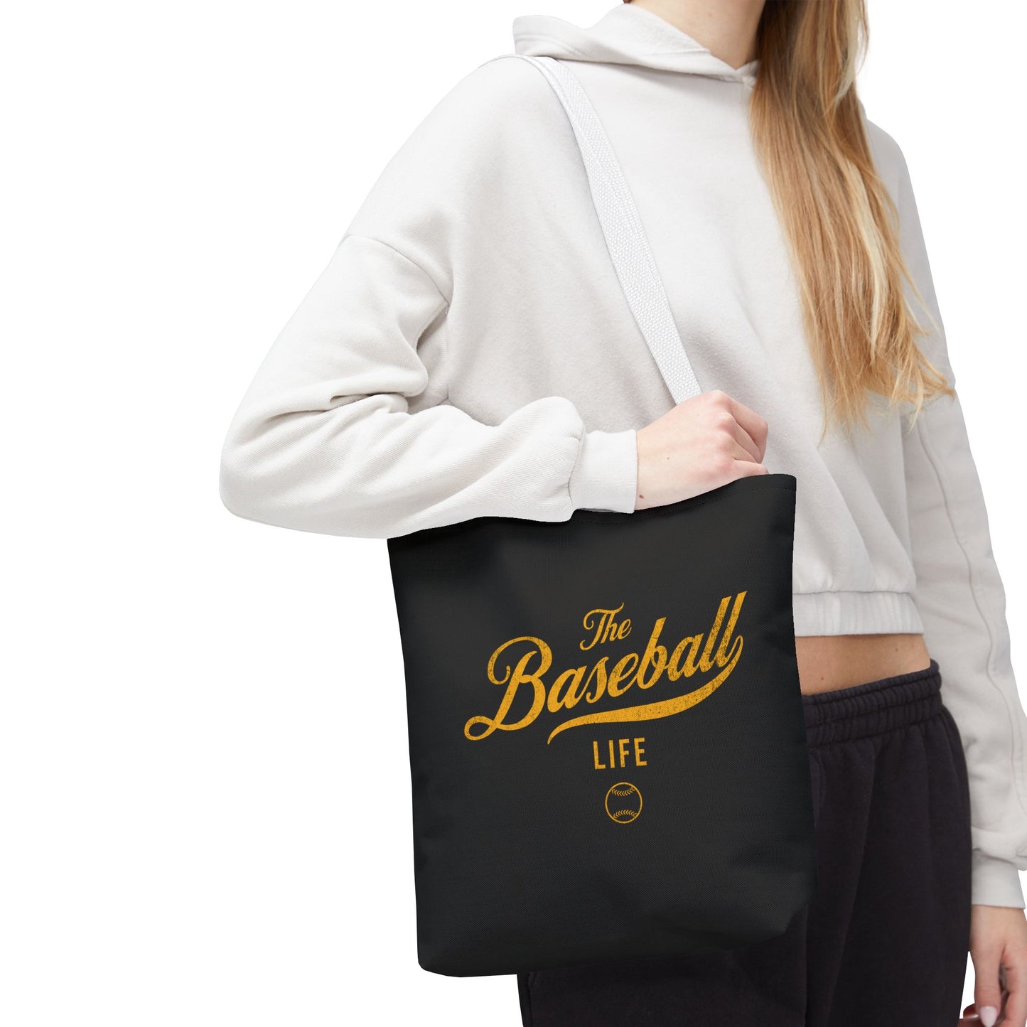 The Baseball Life Tote Bag_Black w Yellow Gold Print