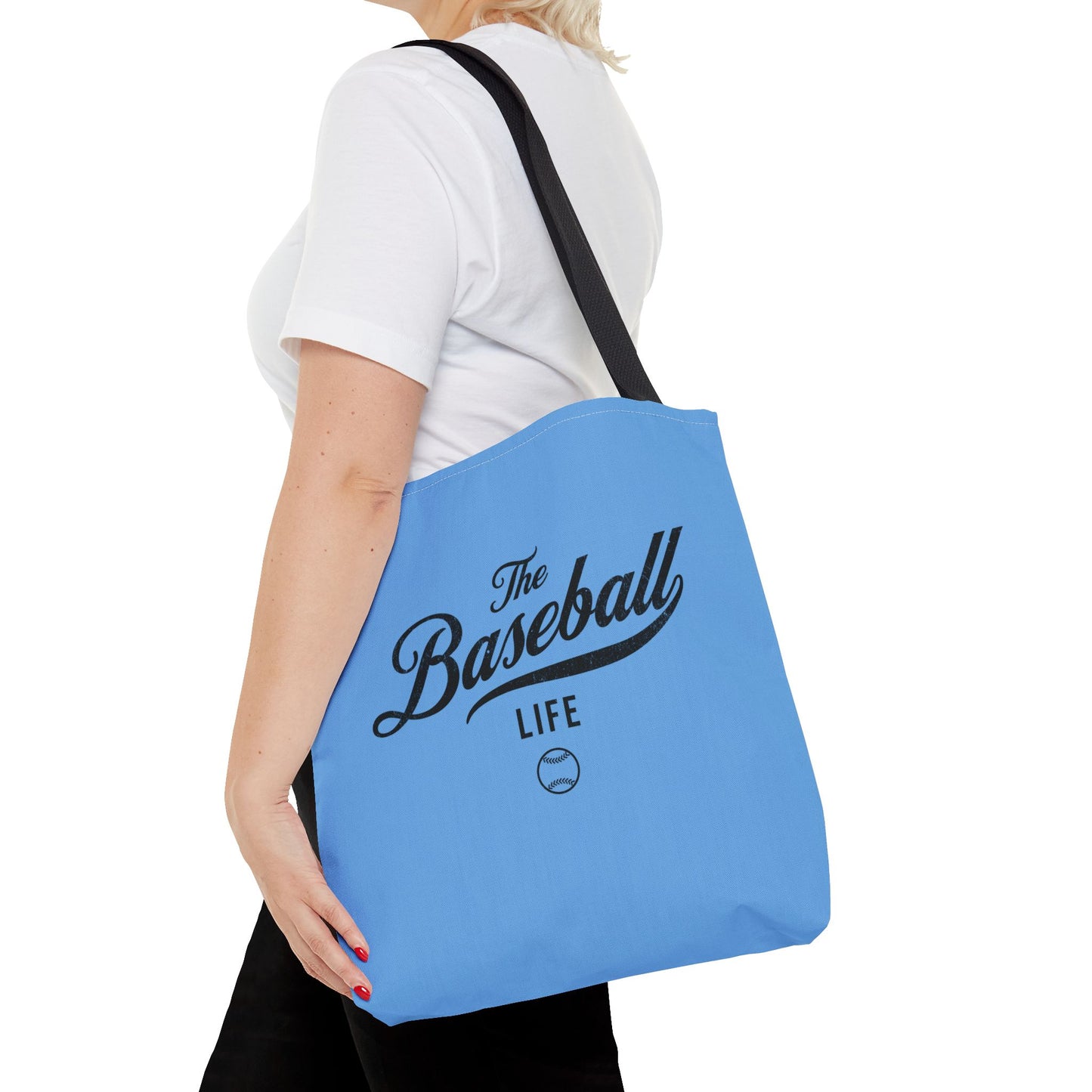 The Baseball Life Tote Bag_Carolina Blue w Black Print