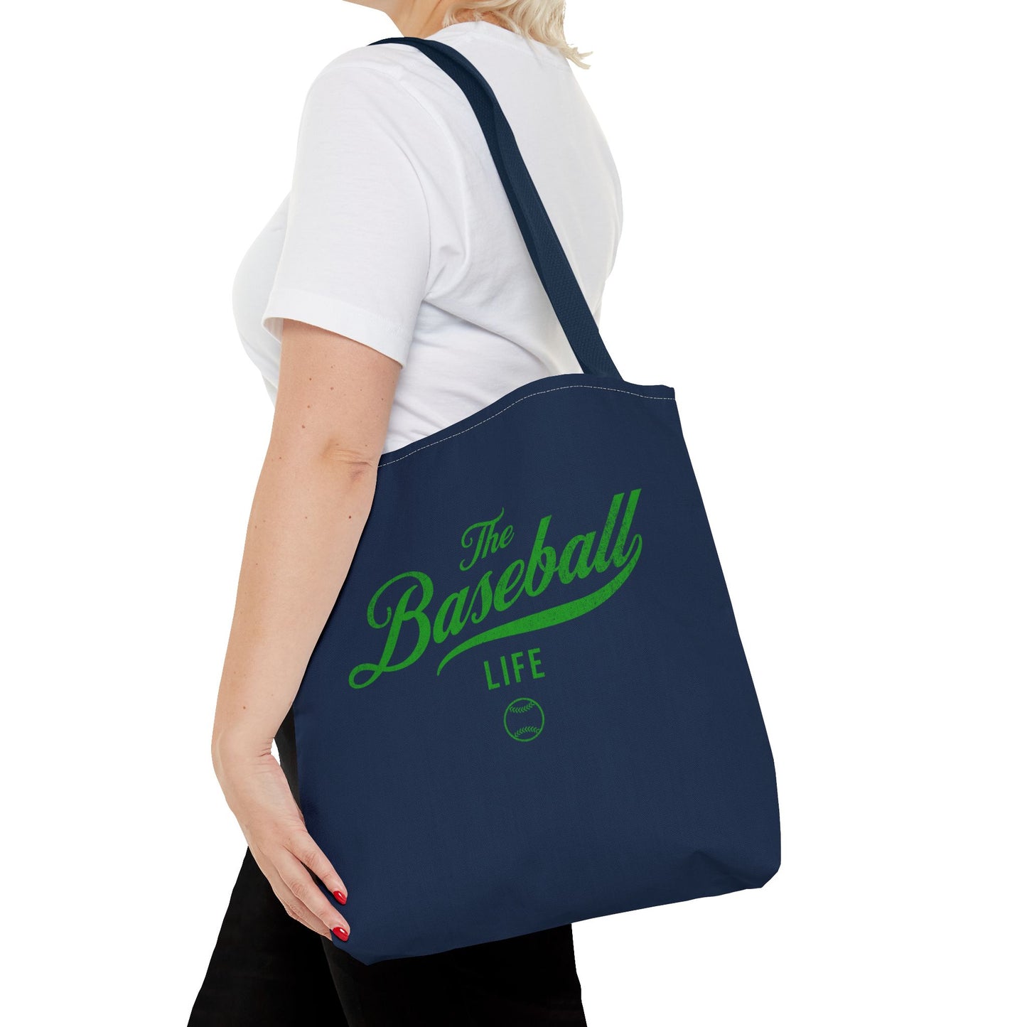 The Baseball Life Tote Bag_Navy w Green Print