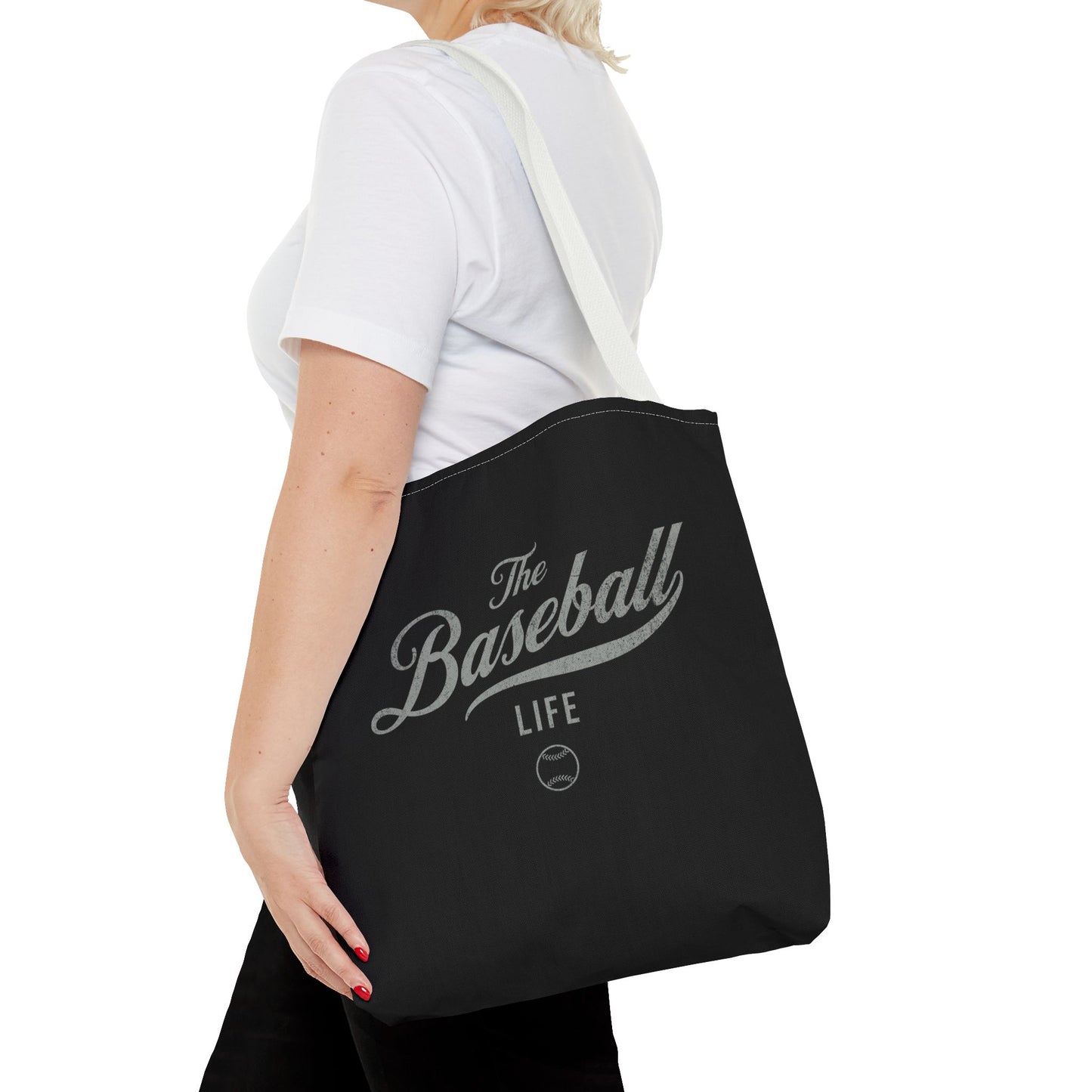 The Baseball Life Tote Bag_Black w Silver Gray Print