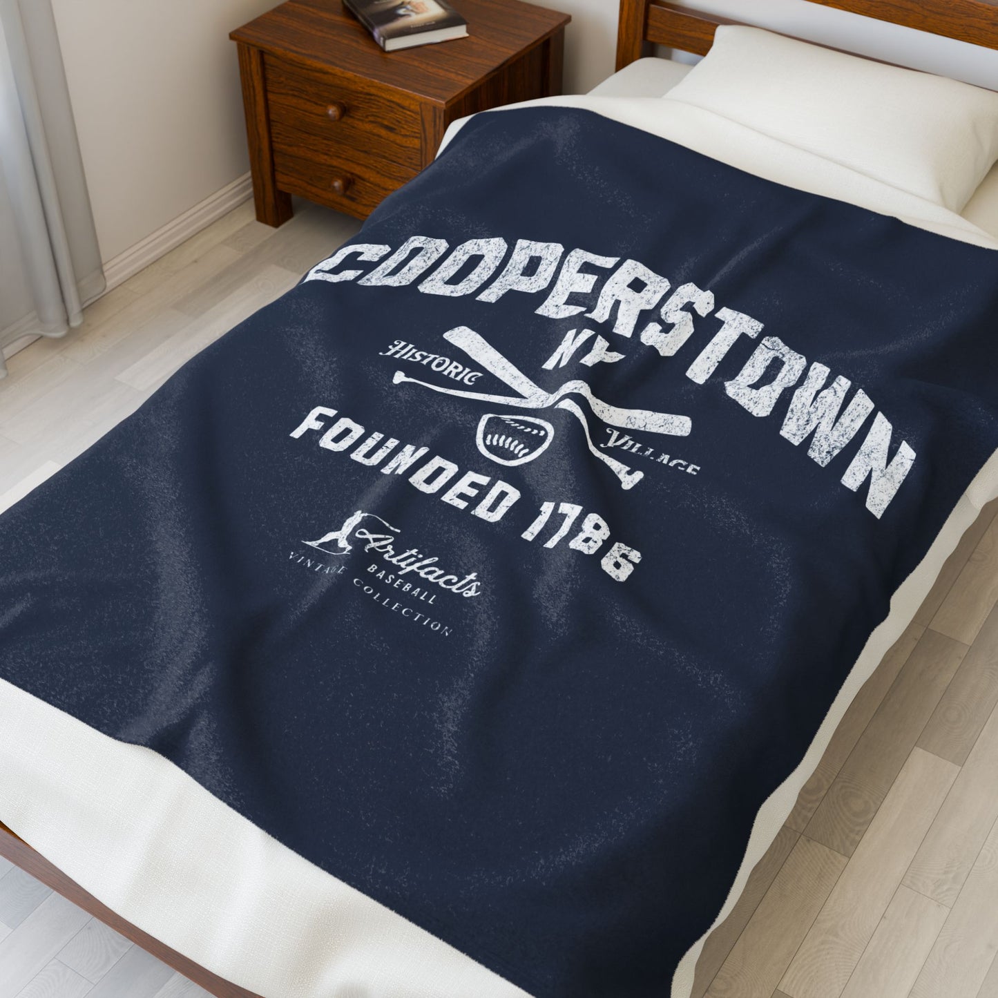 Velveteen Plush Blanket_Artifacts Baseball Collection_Cooperstown NY_Navy