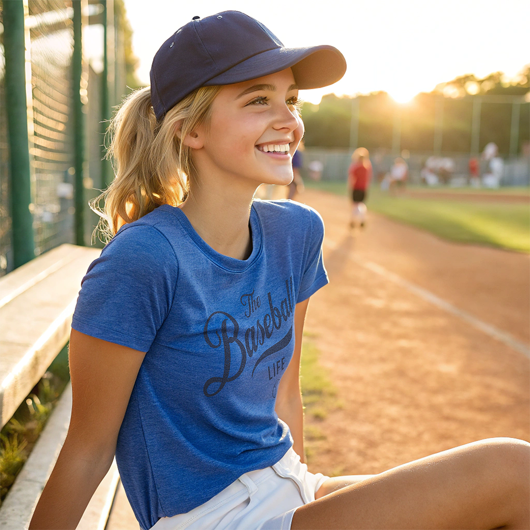 A smiling teenage girl sitting on a baseball field bench, wearing a royal blue t-shirt with The Baseball Life in navy print.