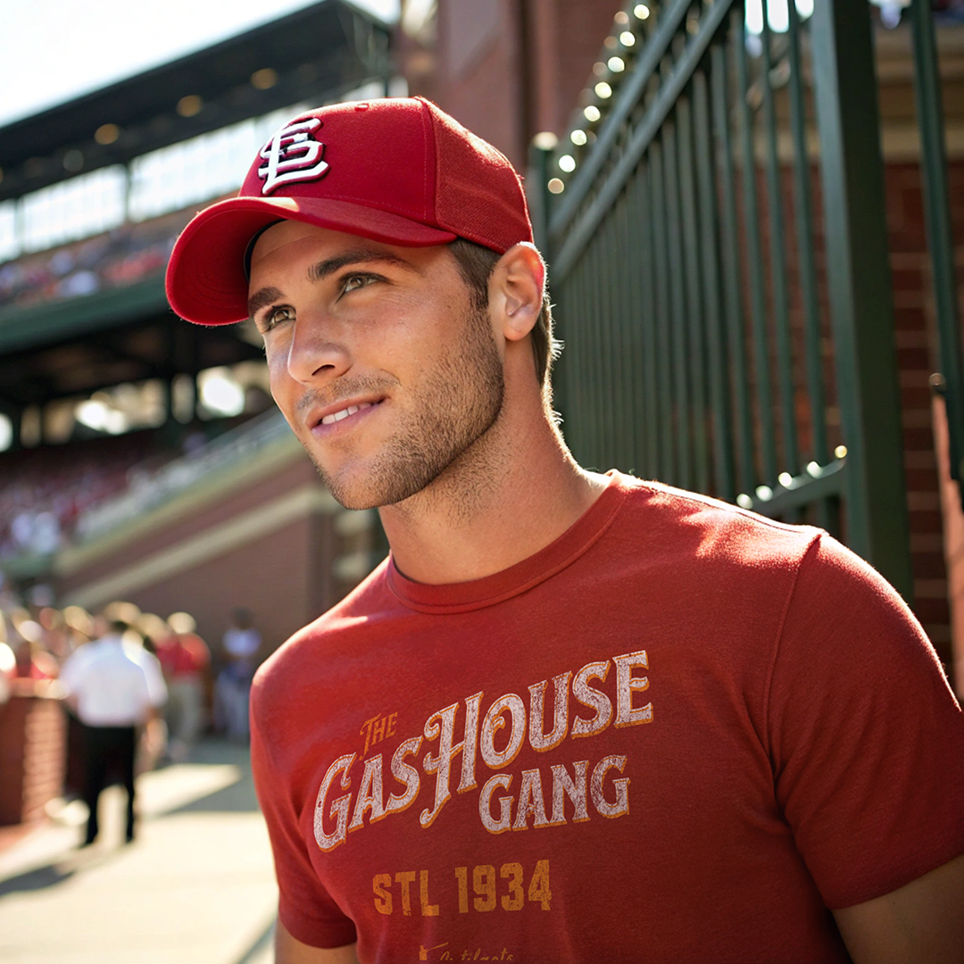 A man wearing a red baseball cap and a matching red t-shirt that reads 'The Gas House Gang STL 1934', standing in a stadium setting.