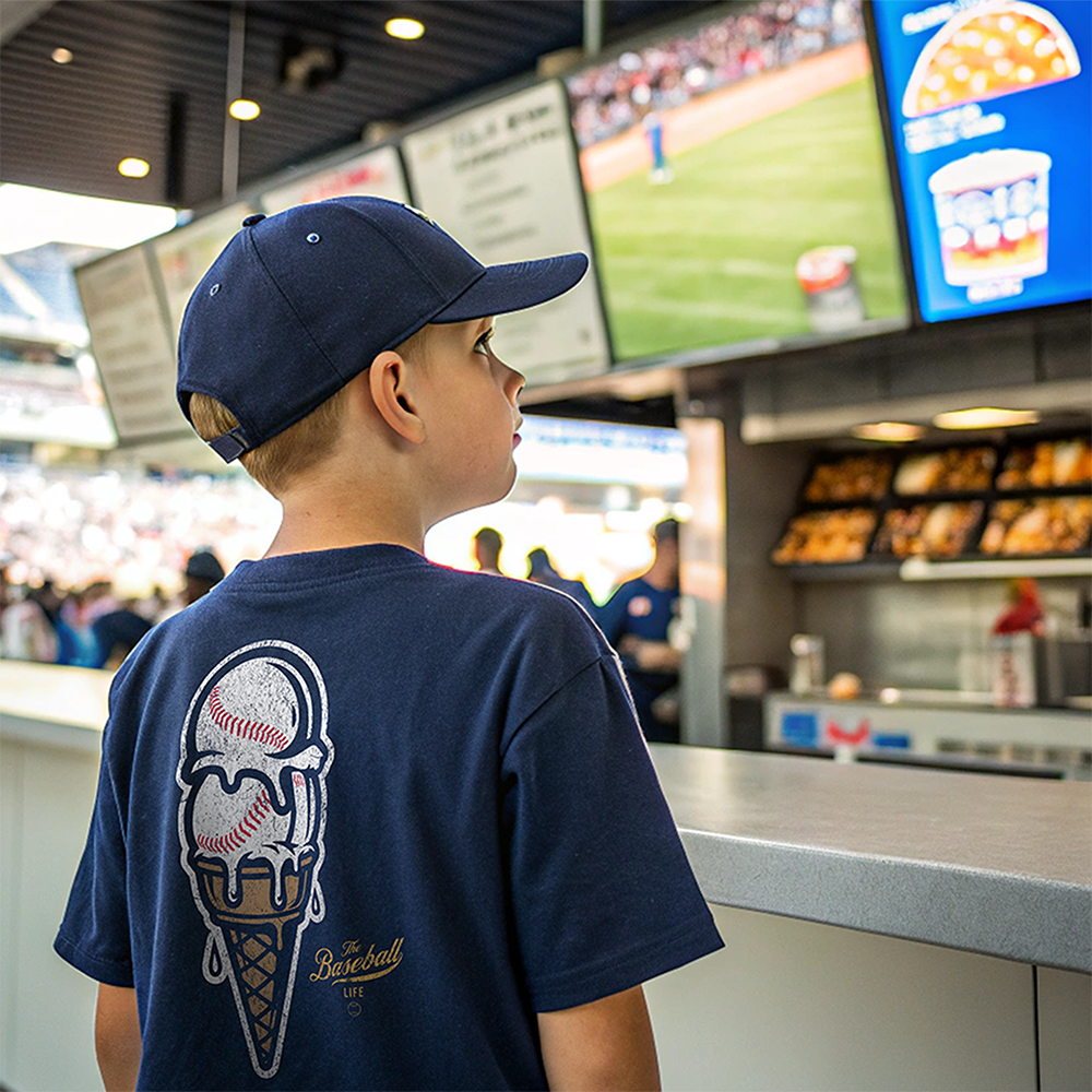 A young boy at a concession stand, wearing a navy baseball ice cream cone t-shirt.