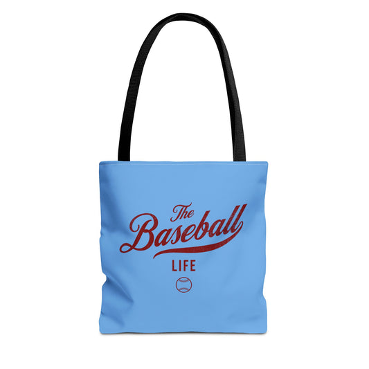 The Baseball Life Tote Bag_Carolina Blue w Maroon Print