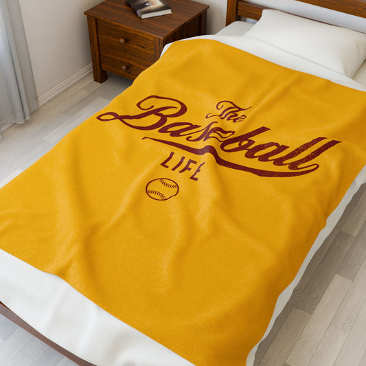 Velveteen Plush Blanket_Yellow Gold with Maroon Print