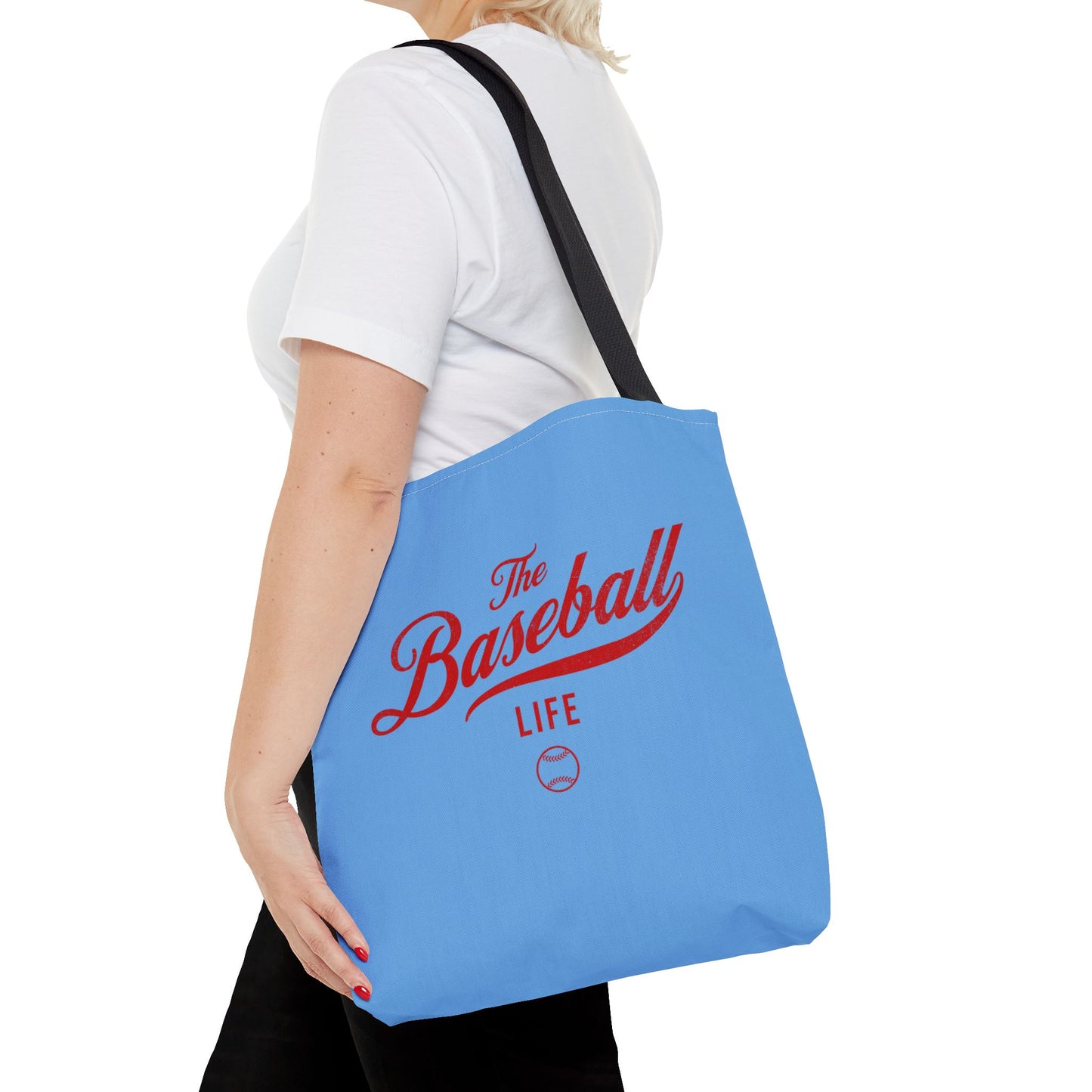 The Baseball Life Tote Bag_Carolina Blue w Red Print