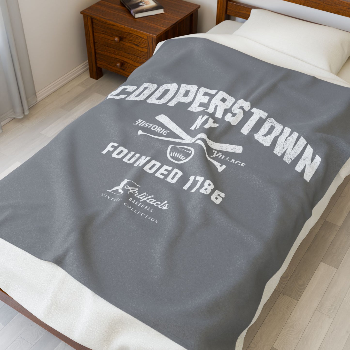Velveteen Plush Blanket_Artifacts Baseball Collection_Cooperstown NY_Gray