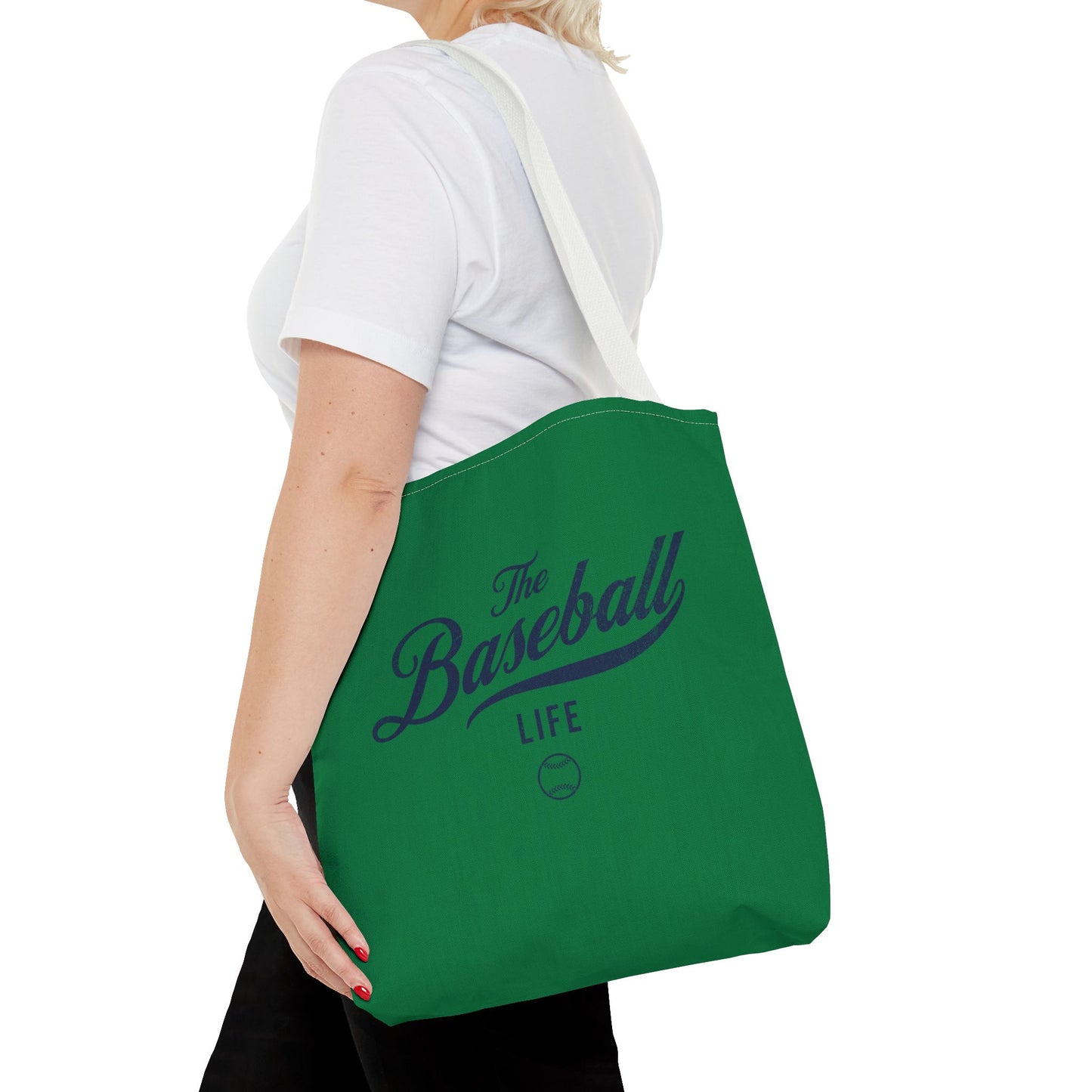 The Baseball Life Tote Bag_Green w Navy Print