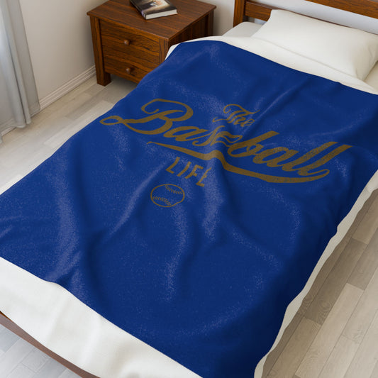 Velveteen Plush Blanket_Royal Blue with Old Gold Print