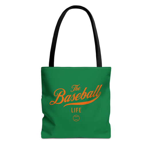 The Baseball Life Tote Bag_Green w Orange Print