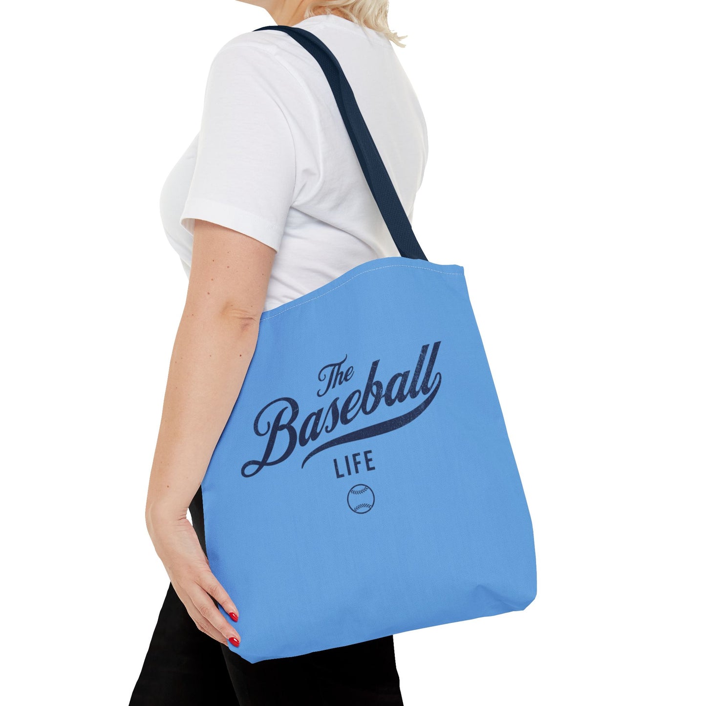 The Baseball Life Tote Bag_Carolina Blue w Navy Print