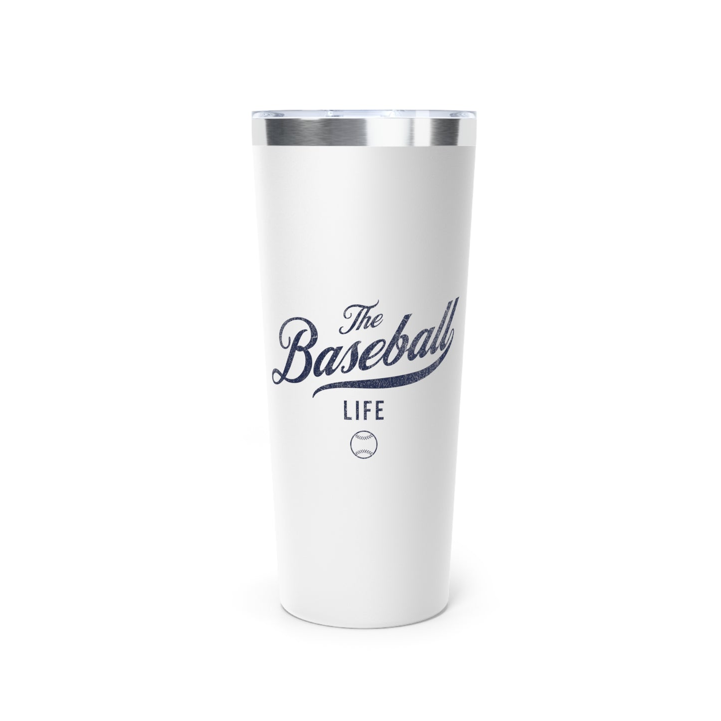 The Baseball Life 22oz Insulated Travel Tumbler_White w Navy Print