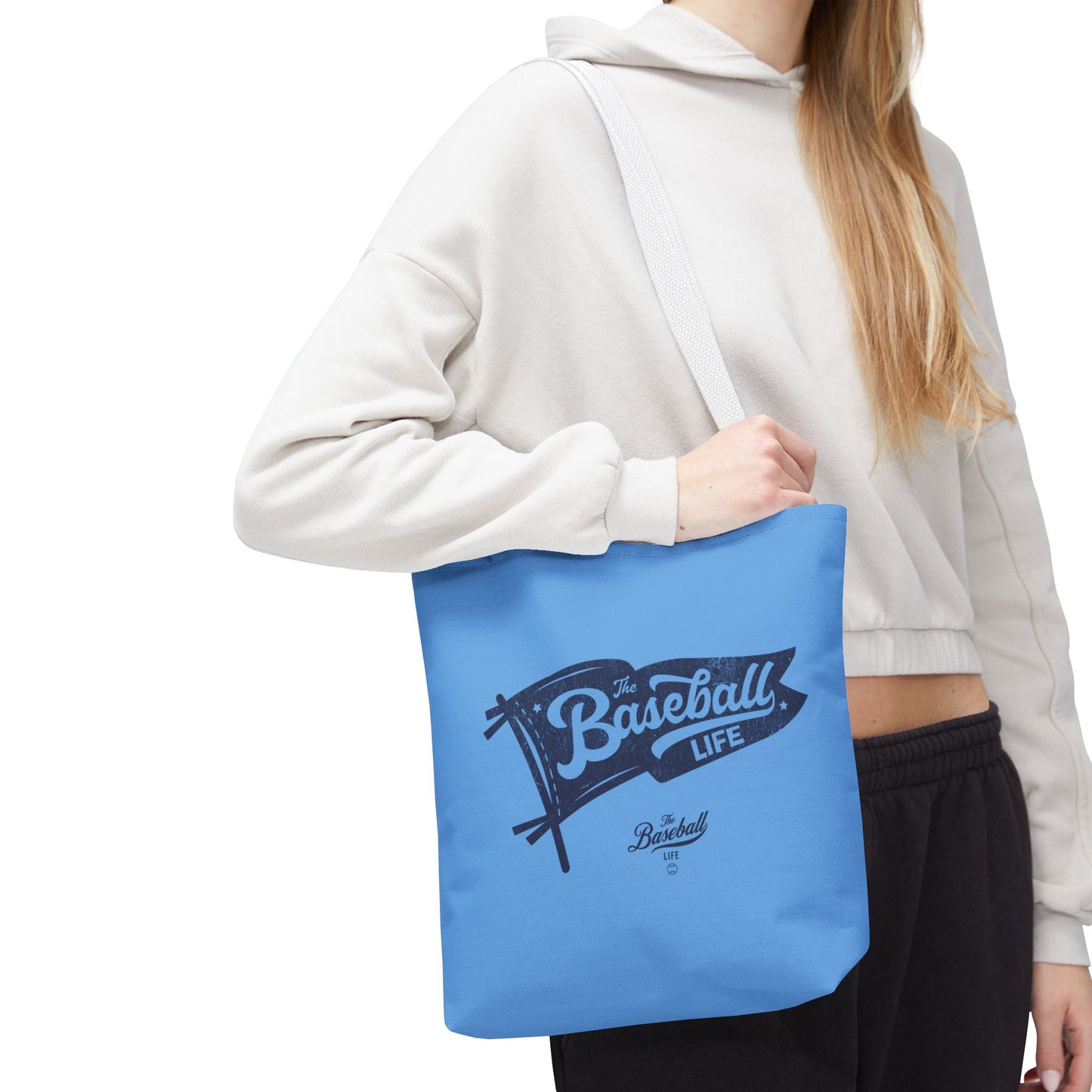 Vintage Pennant Tote Bag_Navy Print on Carolina Blue