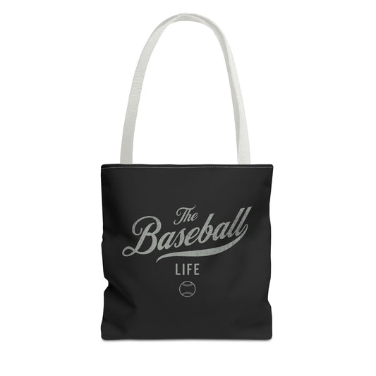 The Baseball Life Tote Bag_Black w Silver Gray Print