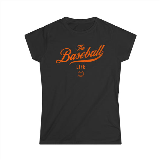The Baseball Life Classic Script Tee_Women's_Orange Print