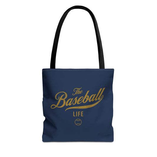 The Baseball Life Tote Bag_Navy w Old Gold Print