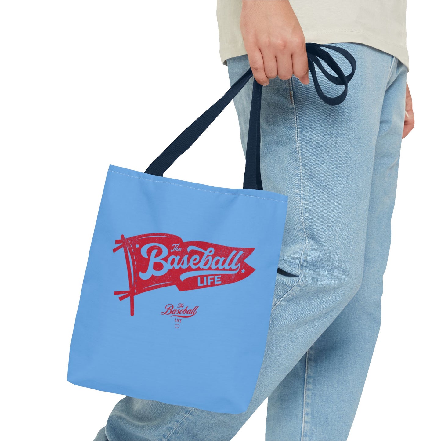 Vintage Pennant Tote Bag_Red Print on Carolina Blue