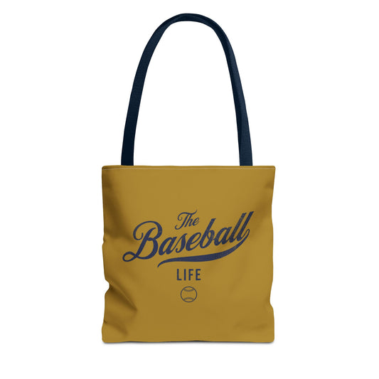 The Baseball Life Tote Bag_Old Gold w Navy Print