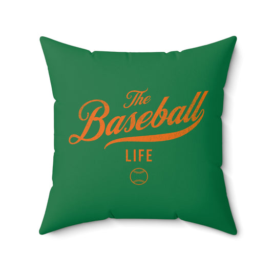 The Baseball Life Accent Pillow_Green w Orange Print
