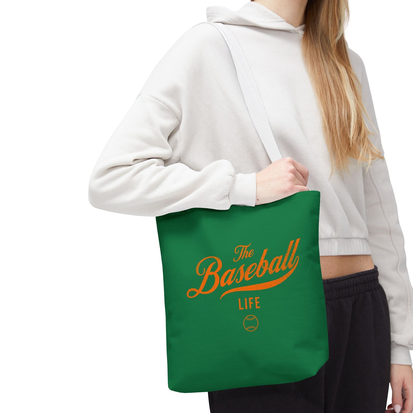 The Baseball Life Tote Bag_Green w Orange Print