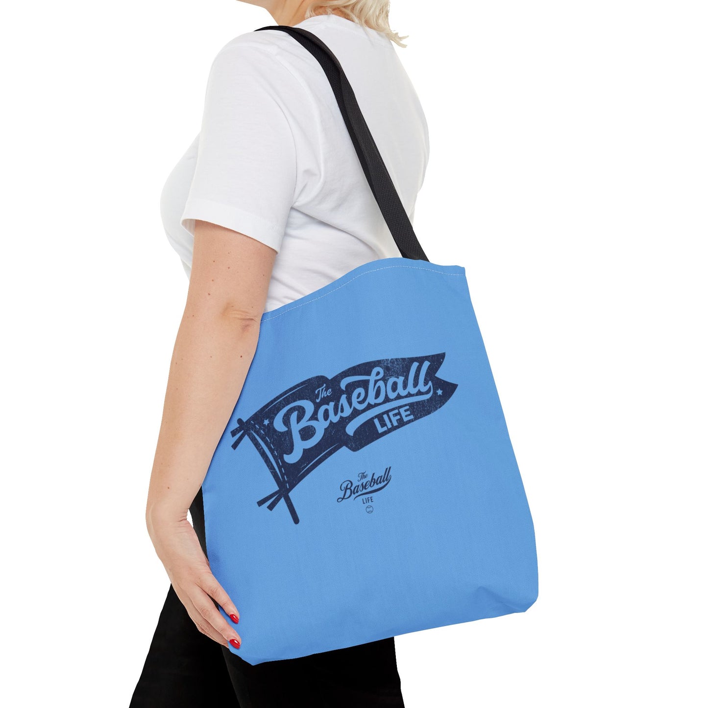 Vintage Pennant Tote Bag_Navy Print on Carolina Blue