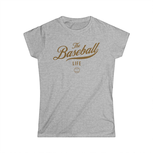 A women's sport grey cap-sleeve crewneck t-shirt with an Old Gold logo graphic on the front reading 'The Baseball Life' and a small baseball icon, displayed on a solid white background.