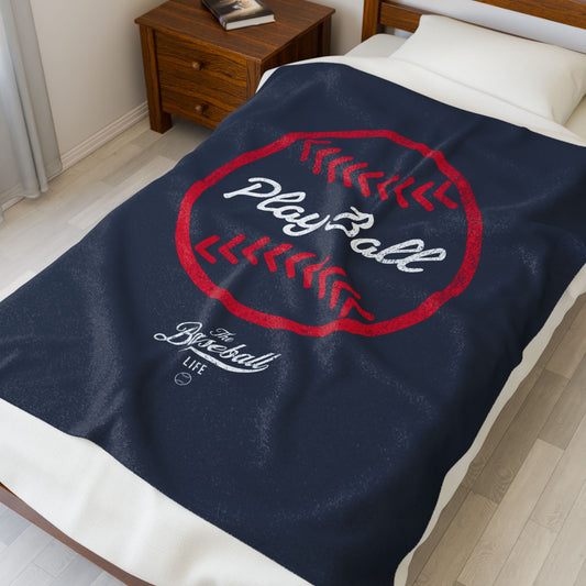 Velveteen Plush Blanket_Play Ball Graphic Baseball_Navy