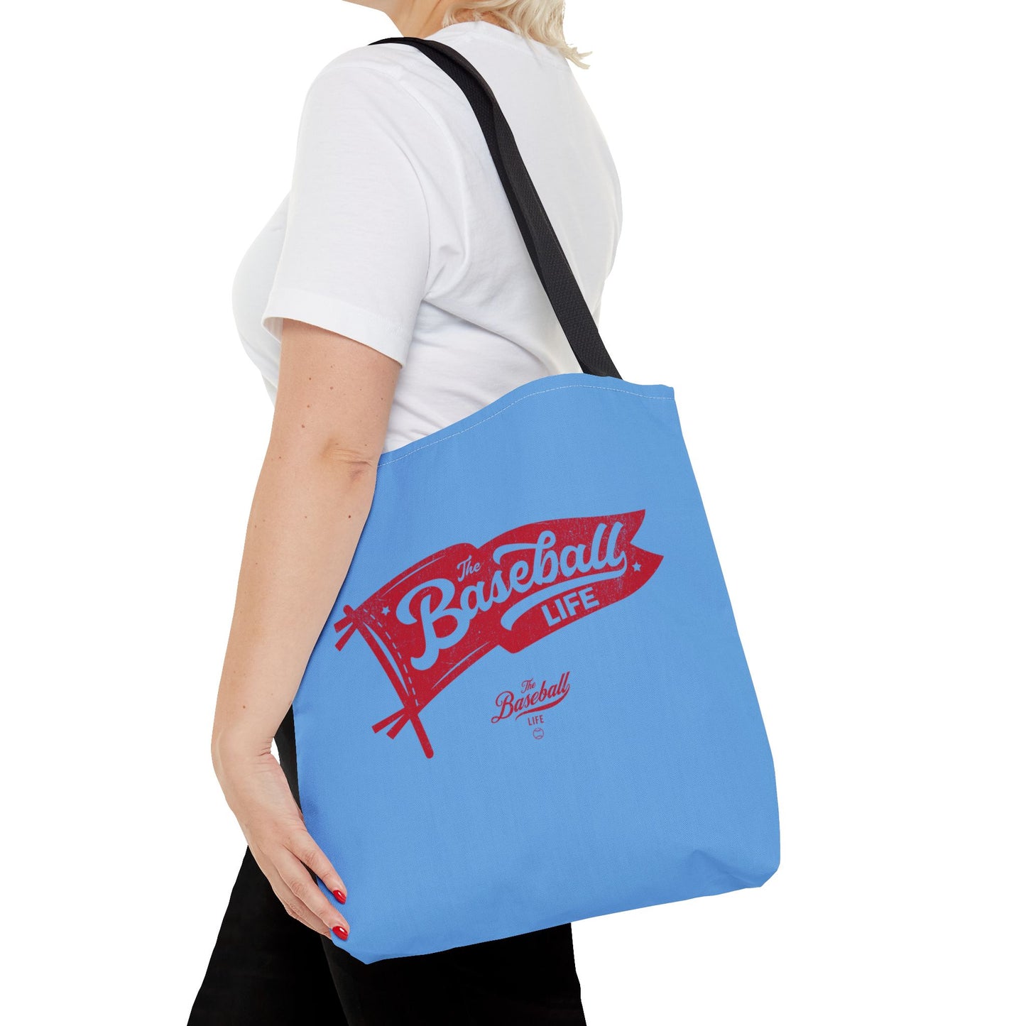 Vintage Pennant Tote Bag_Red Print on Carolina Blue