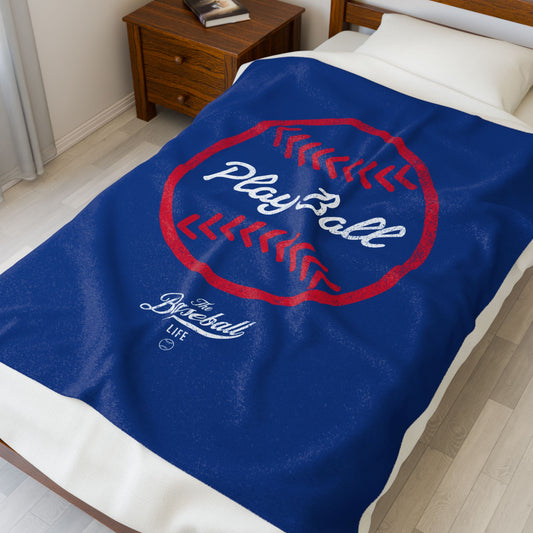 Velveteen Plush Blanket_Play Ball Graphic Baseball_Royal Blue
