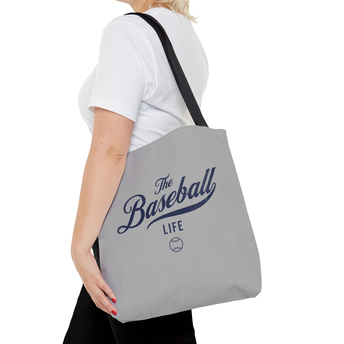 The Baseball Life Tote Bag_Gray w Navy Print