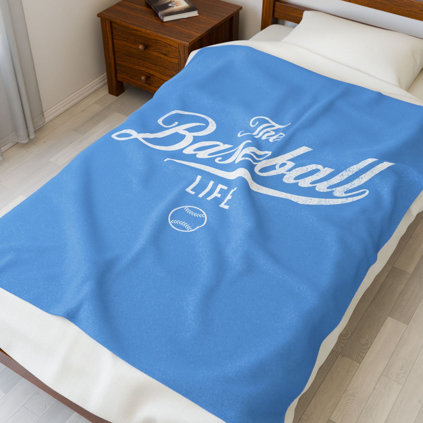 Velveteen Plush Blanket_Carolina Blue with White Print