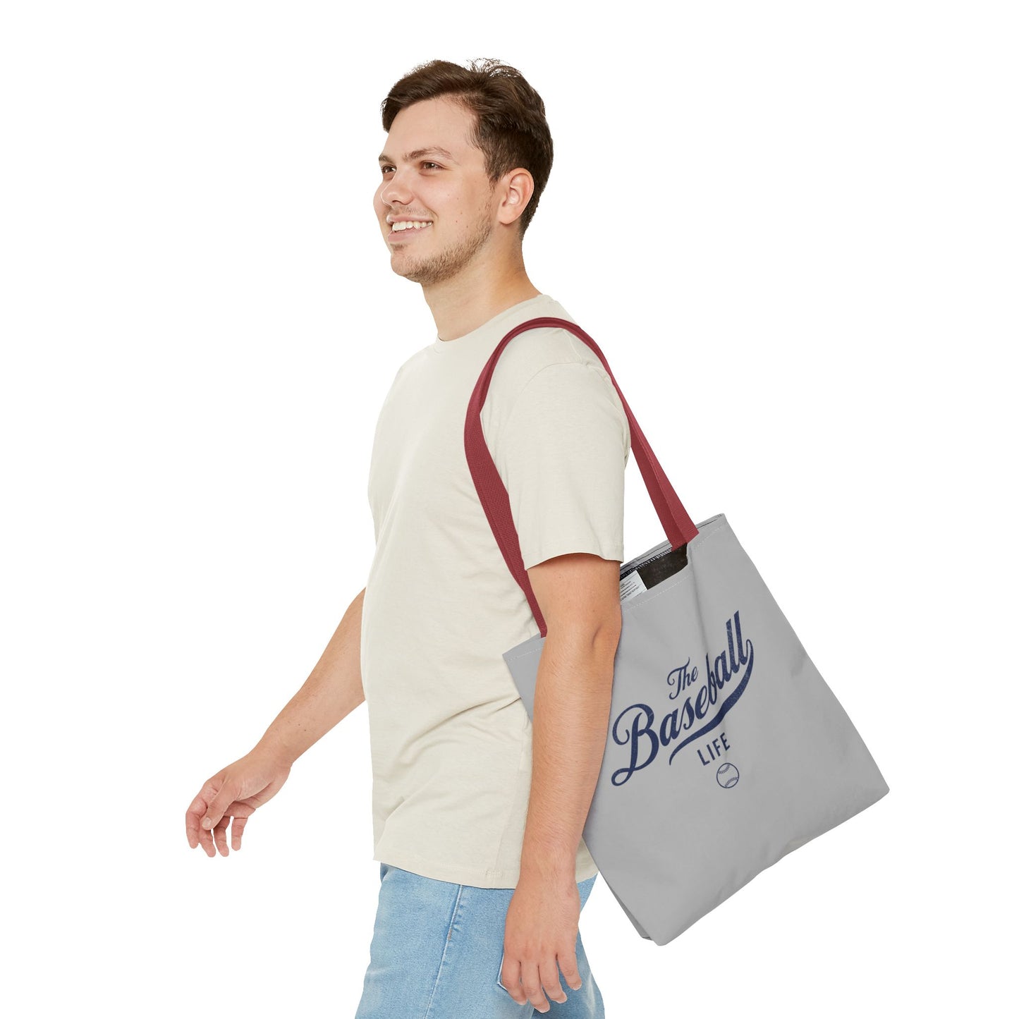 The Baseball Life Tote Bag_Gray w Navy Print