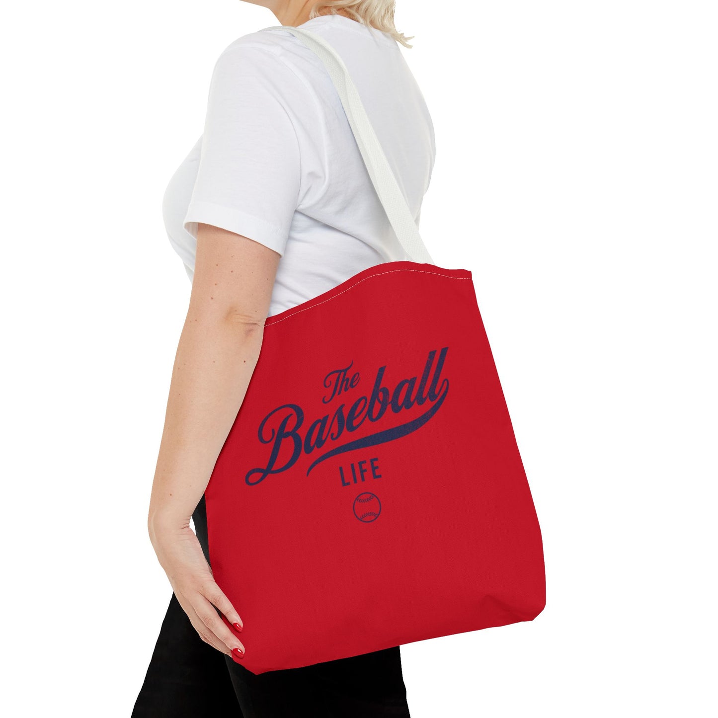 The Baseball Life Tote Bag_Red w Navy Print