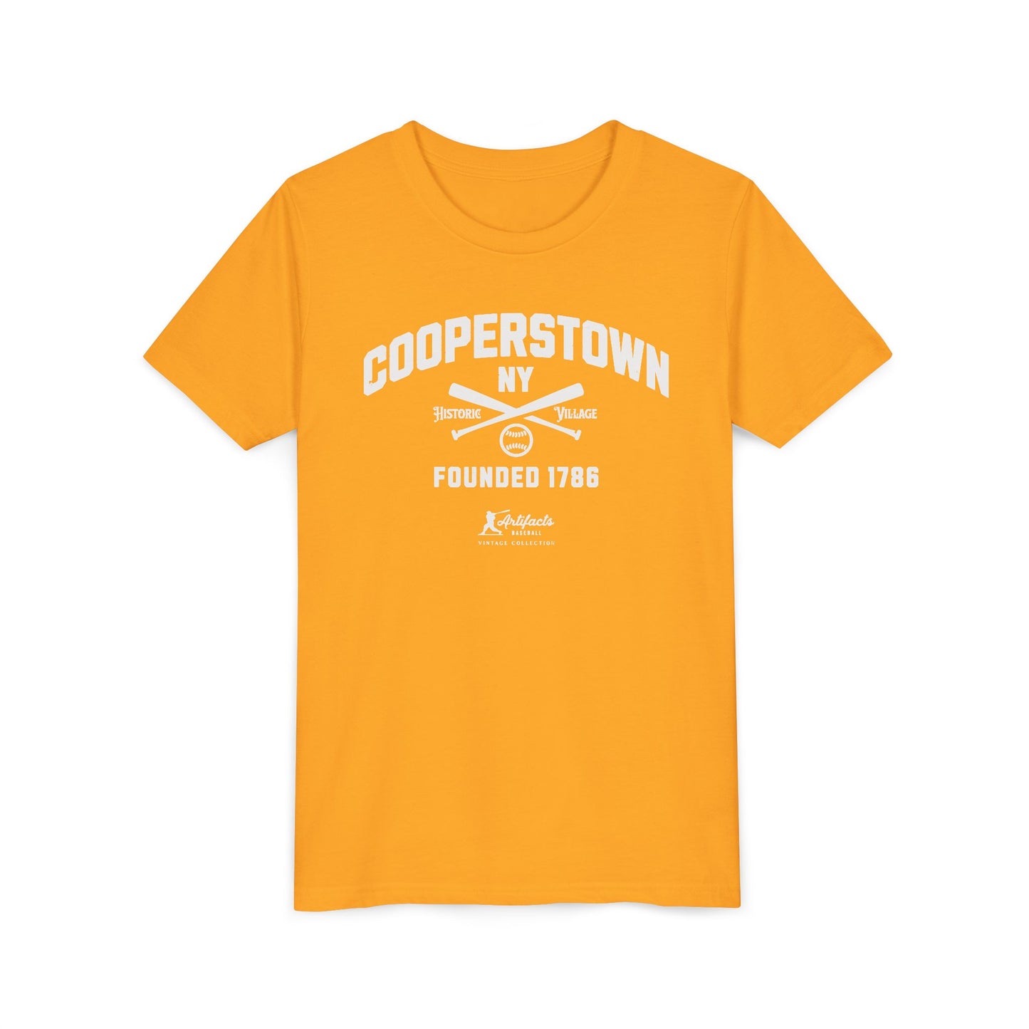 Youth Cooperstown NY White Print_Artifacts Baseball Collection T-Shirt
