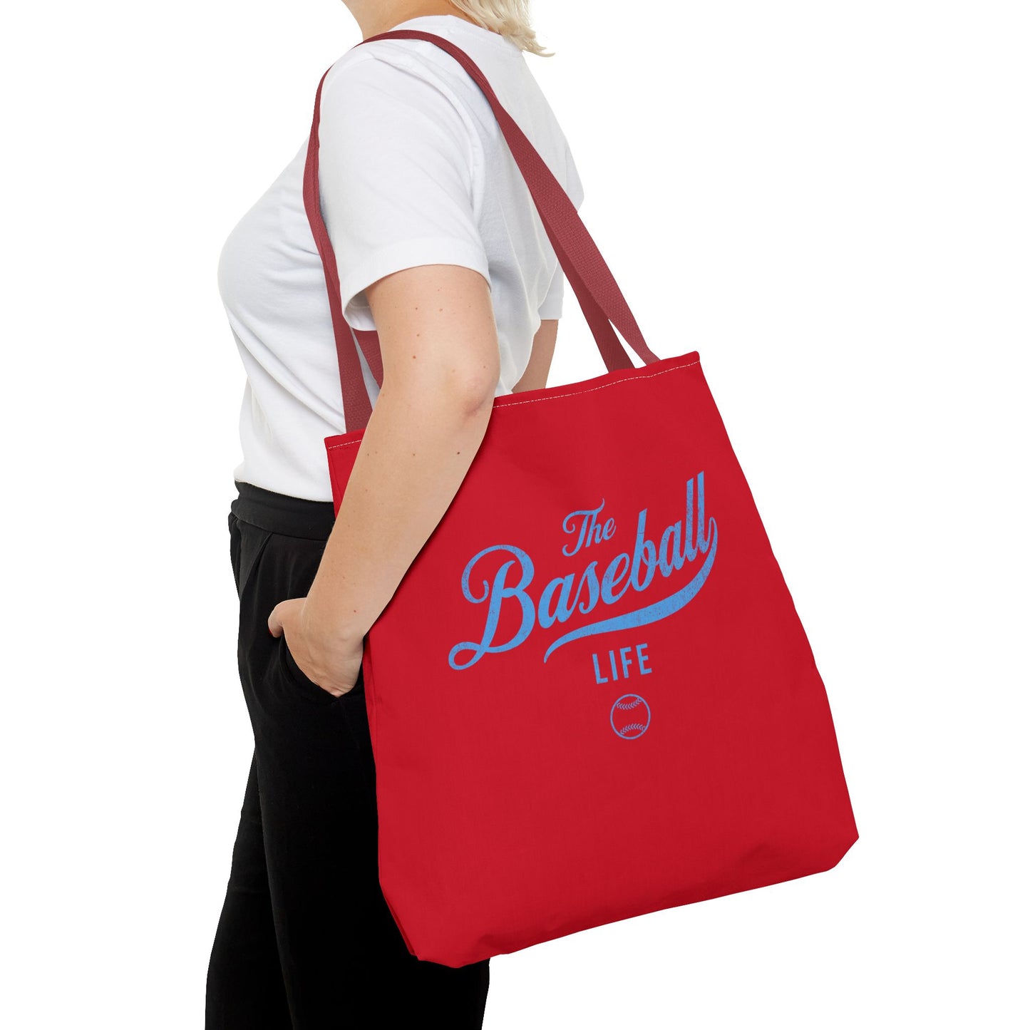 The Baseball Life Tote Bag_Red w Carolina Blue Print