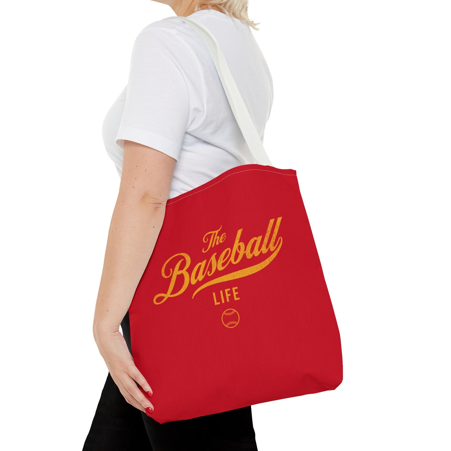 The Baseball Life Tote Bag_Red w Yellow Gold Print