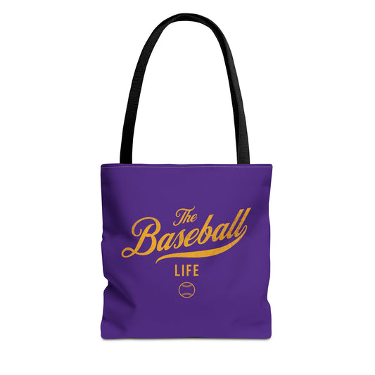 The Baseball Life Tote Bag_Purple w Yellow Gold Print