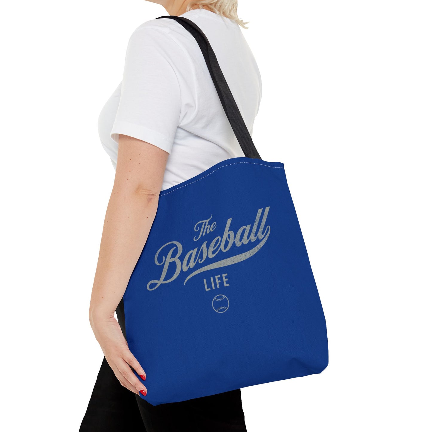 The Baseball Life Tote Bag_Royal Blue w Silver Gray Print