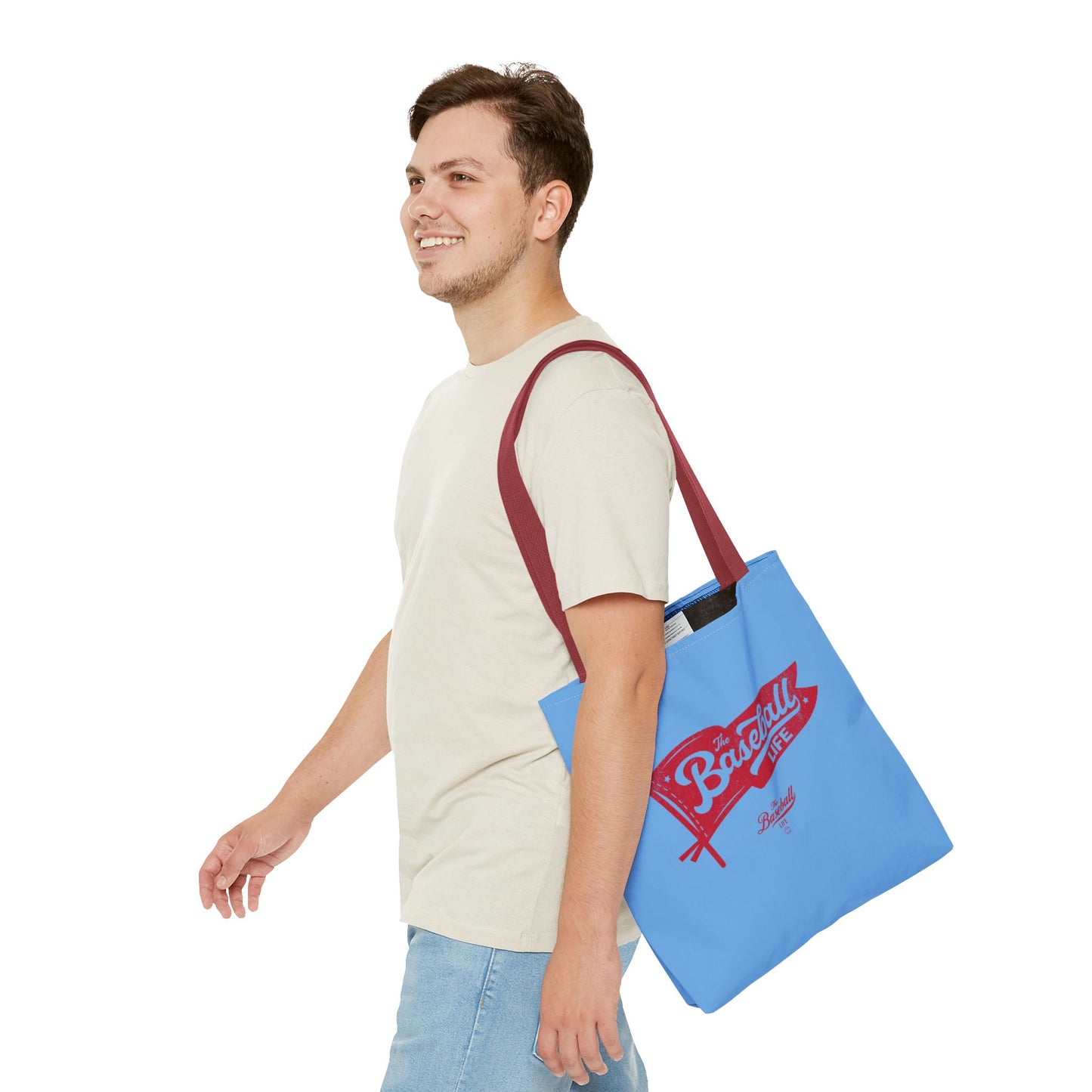 Vintage Pennant Tote Bag_Red Print on Carolina Blue