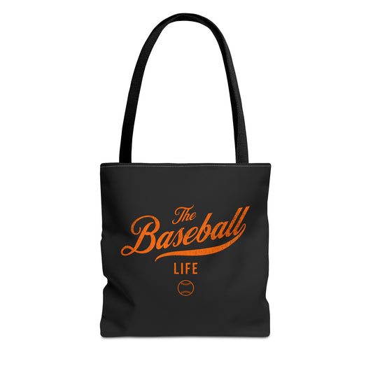 The Baseball Life Tote Bag_Black w Orange Print