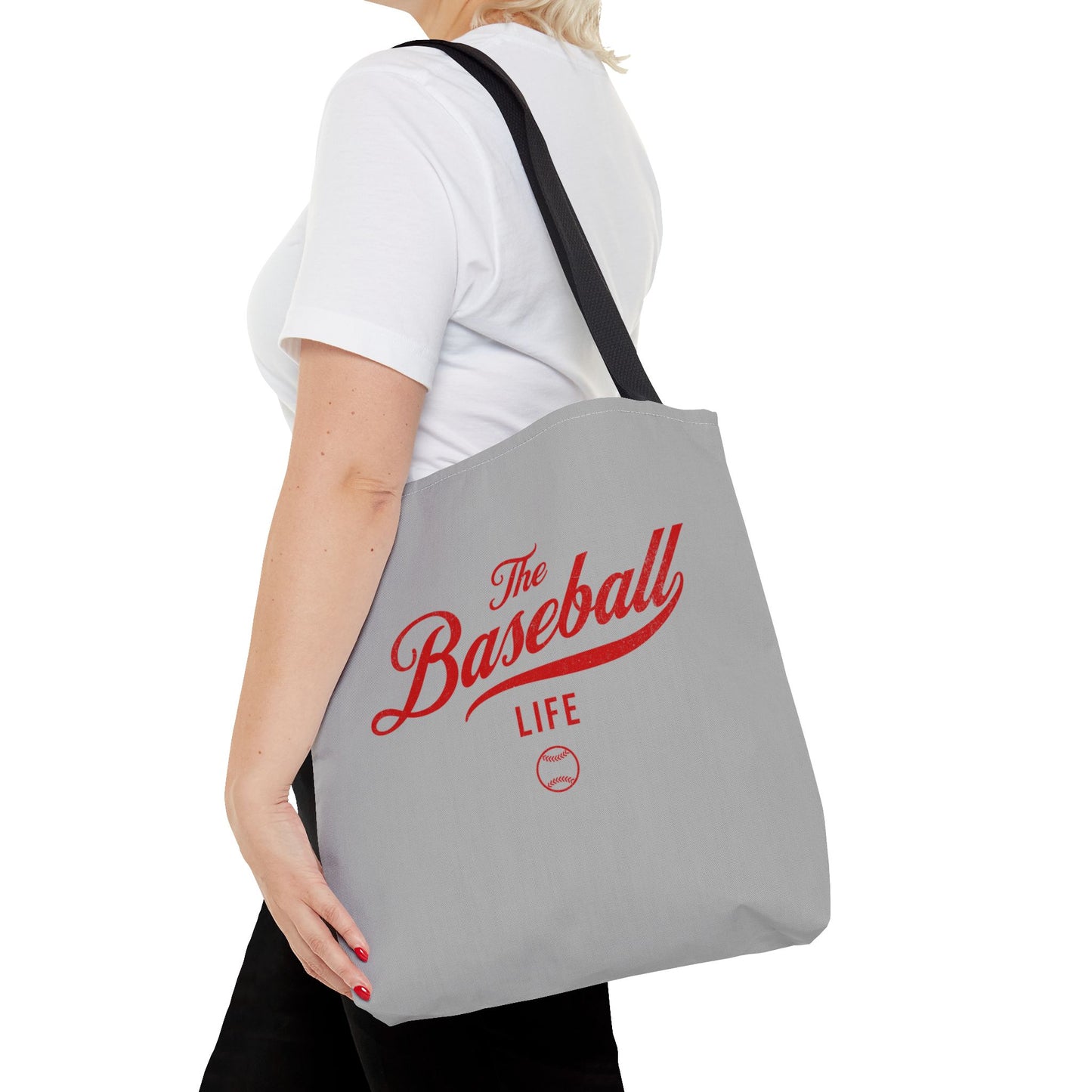 The Baseball Life Tote Bag_Gray w Red Print