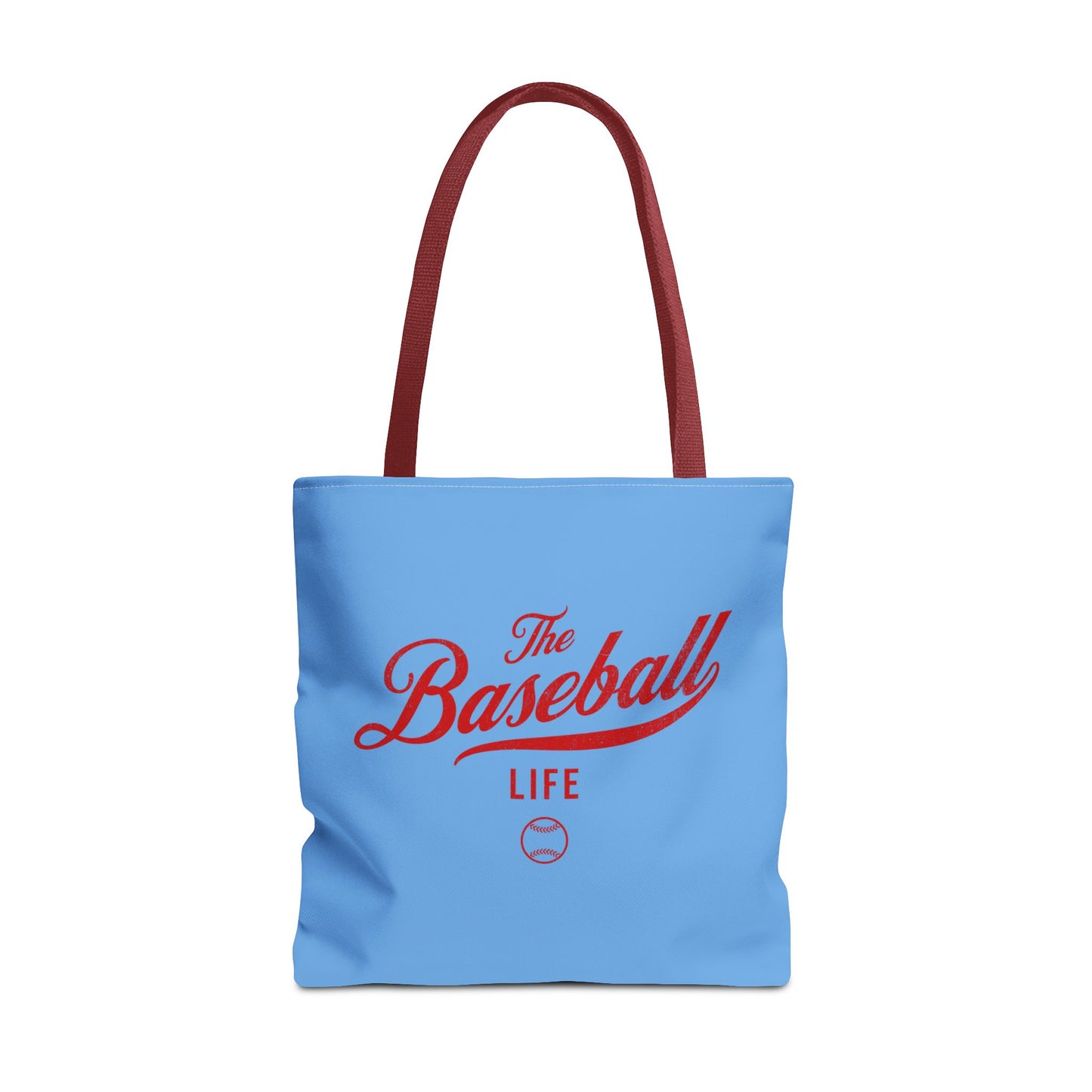 The Baseball Life Tote Bag_Carolina Blue w Red Print