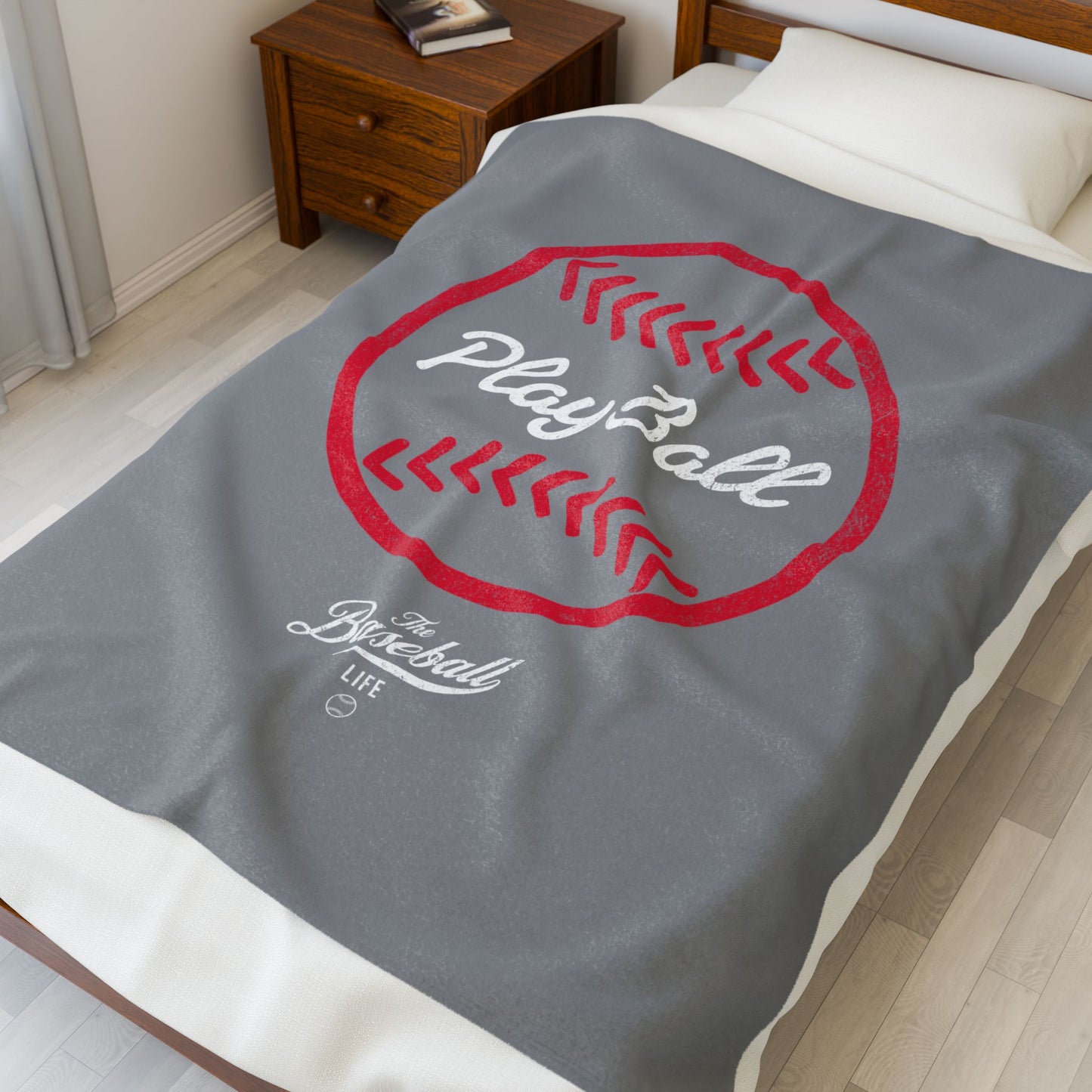 Velveteen Plush Blanket_Play Ball Graphic Baseball_Gray